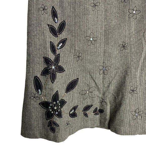Vintage Jones New York Wool Blend Skirt 12P Black Herringbone Embroidered Lined - Picture 3 of 5